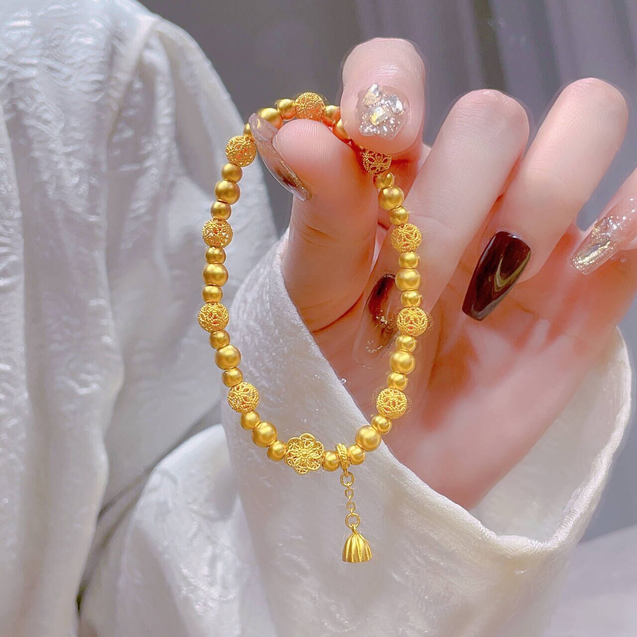 瑞诺黄金福满莲华手链2025新款足金999流苏莲蓬金珠链生日送女友