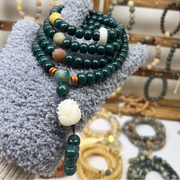 天然阴皮菩提根108颗长串脖挂链念珠佛珠墨绿色菩提子