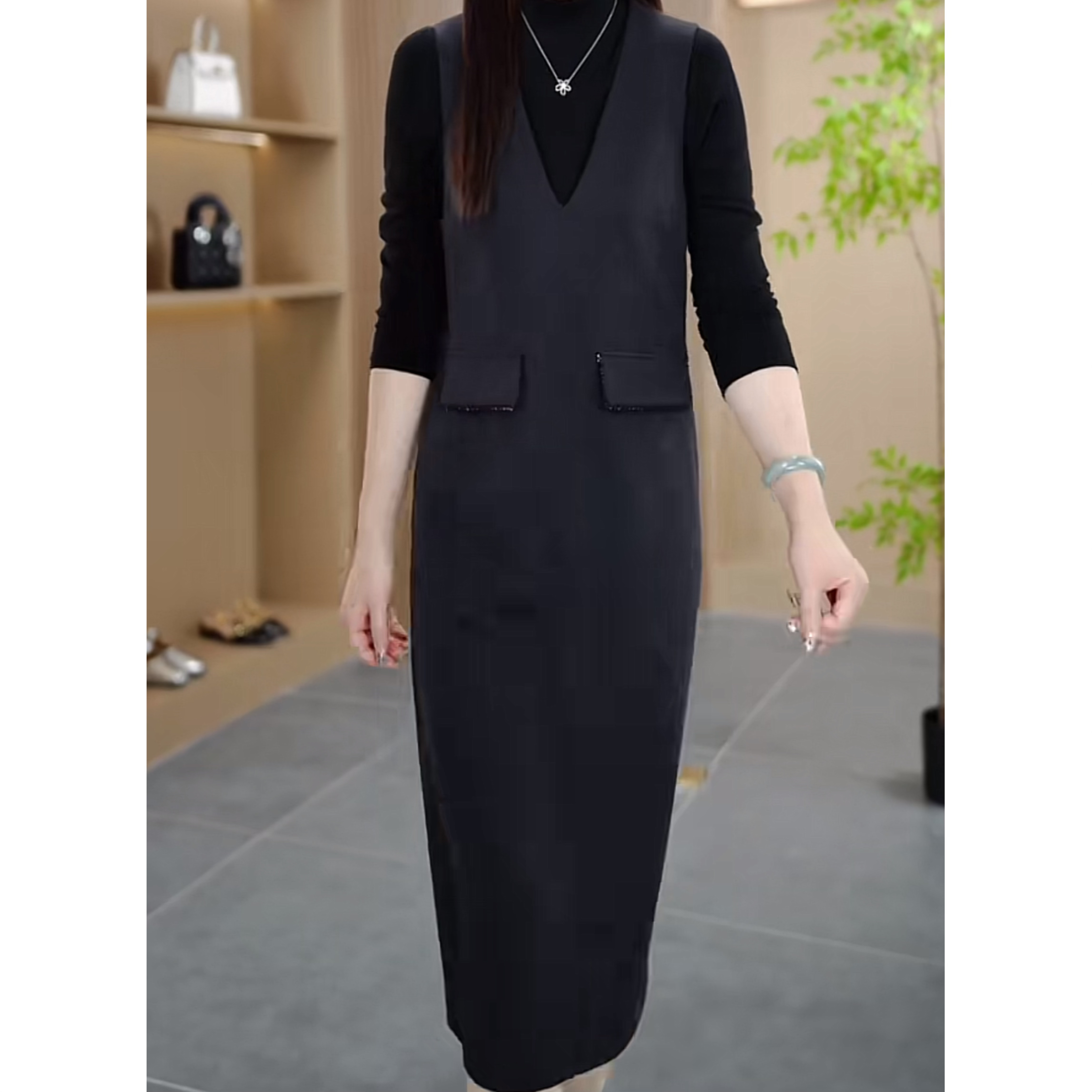 D230高级感洋气套装连衣裙女春秋新款中长款背心打底衫两件套裙子