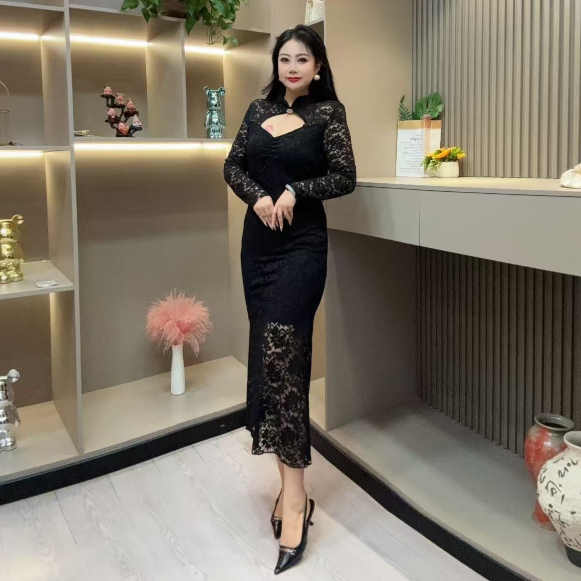 秋季连衣裙-冠 3711时尚气质女人味洋气领口印花胖MM大码女装新款