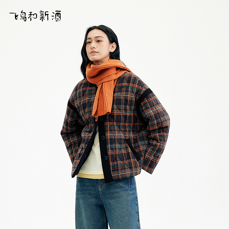 【双十二惊喜价】飞鸟和新酒宽松格纹外套女冬季拼接棉衣FD57022026