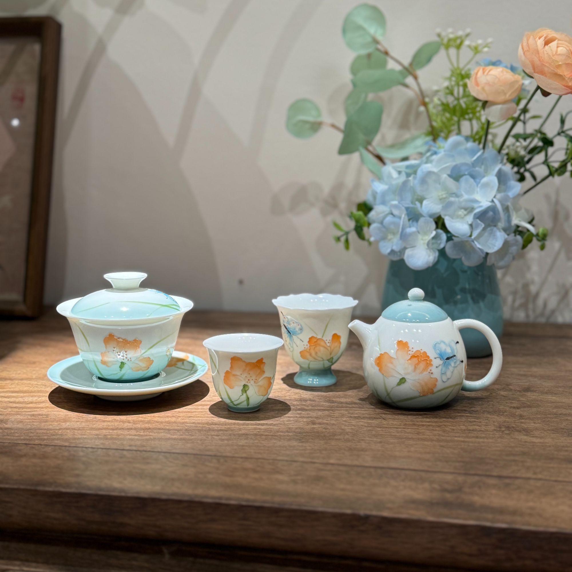 【花开盛夏】全家福小苍兰釉下彩手绘立体花瓣陶瓷盖碗茶壶主人杯