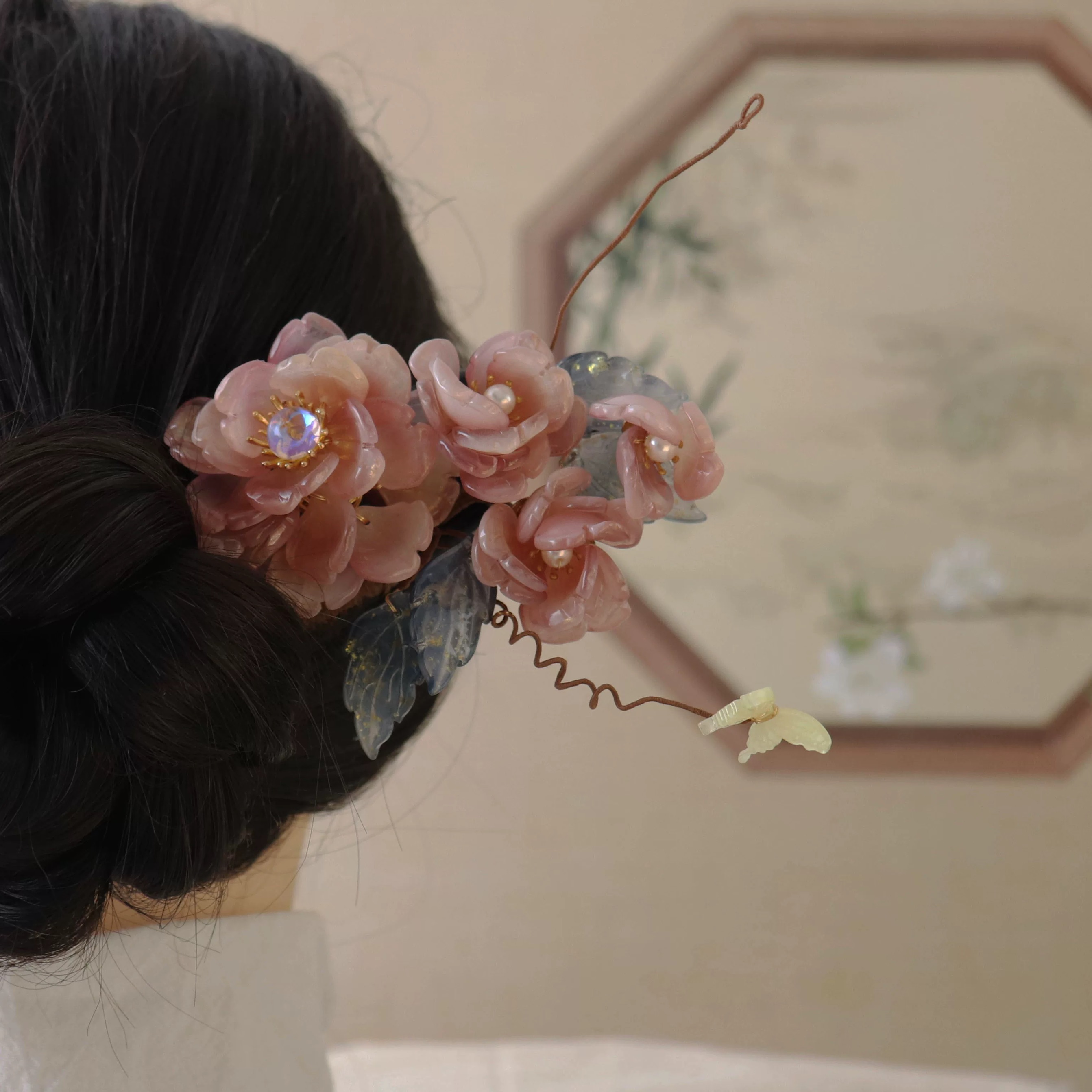 恬奇家a705“瑶池映月”高定琉璃木质发簪百搭原创设计大花步摇发簪