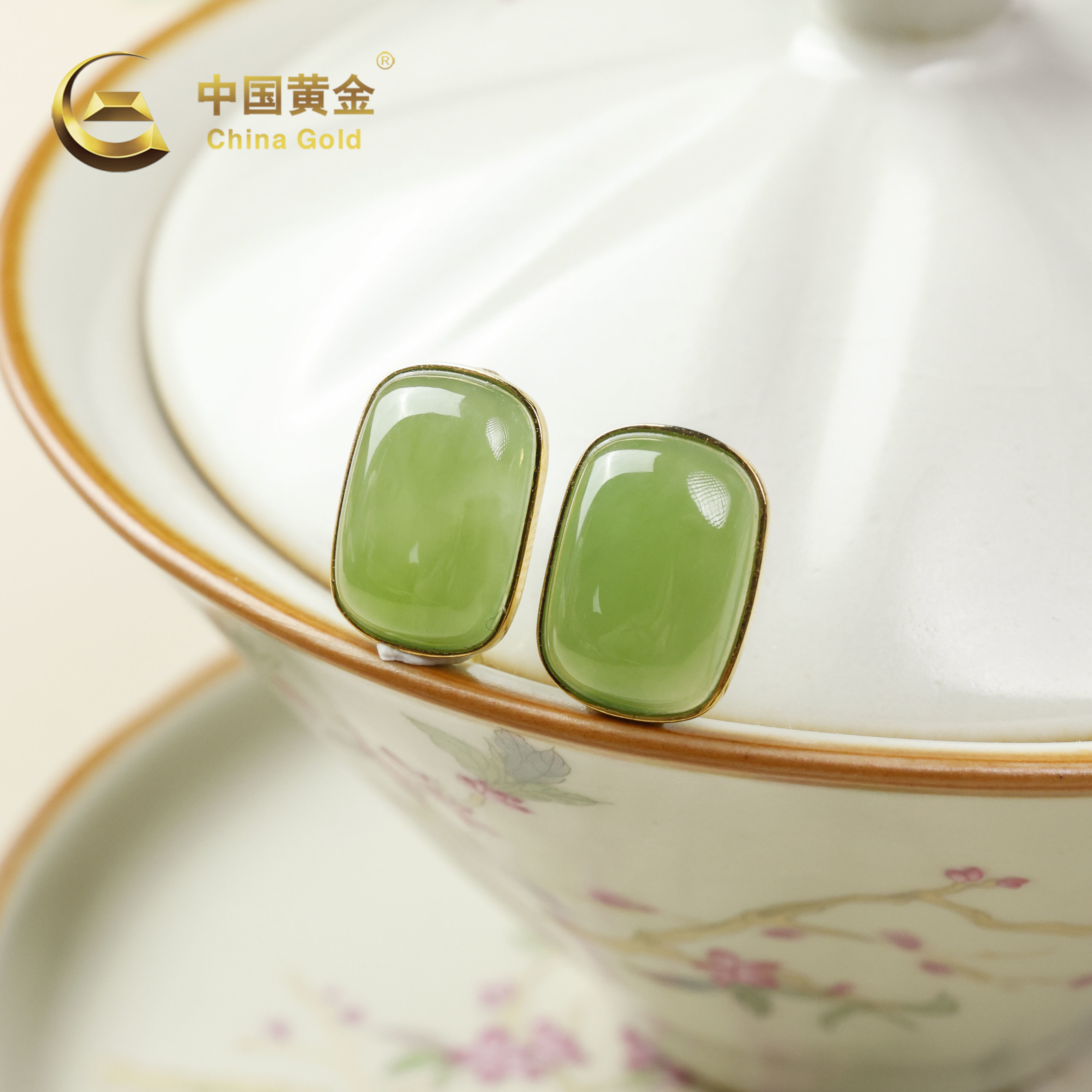 【中国黄金】箐戚 | 和田玉*耳饰*18K金镶嵌-R1193-格