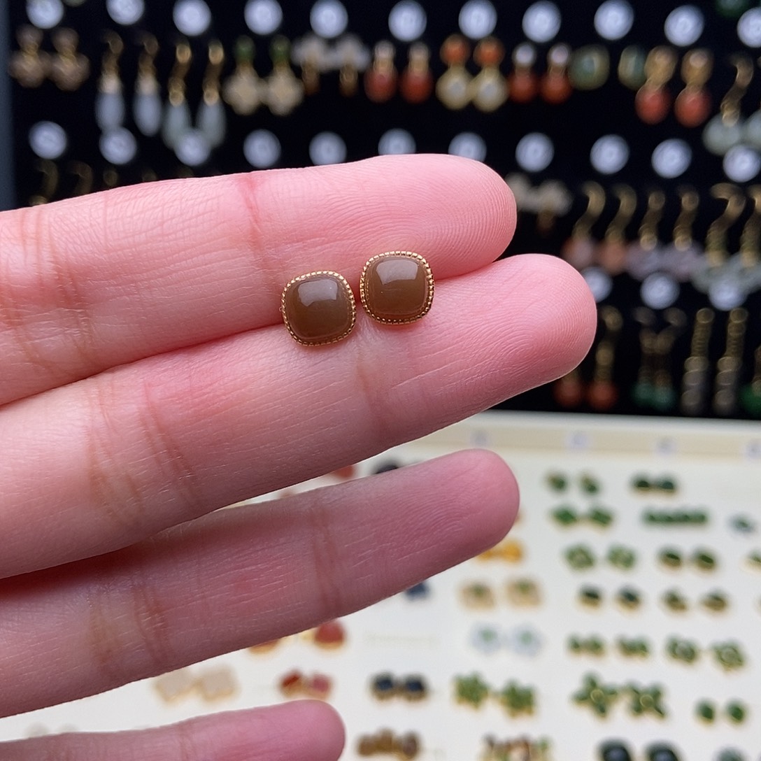 和田玉银S925镀金镶嵌耳饰