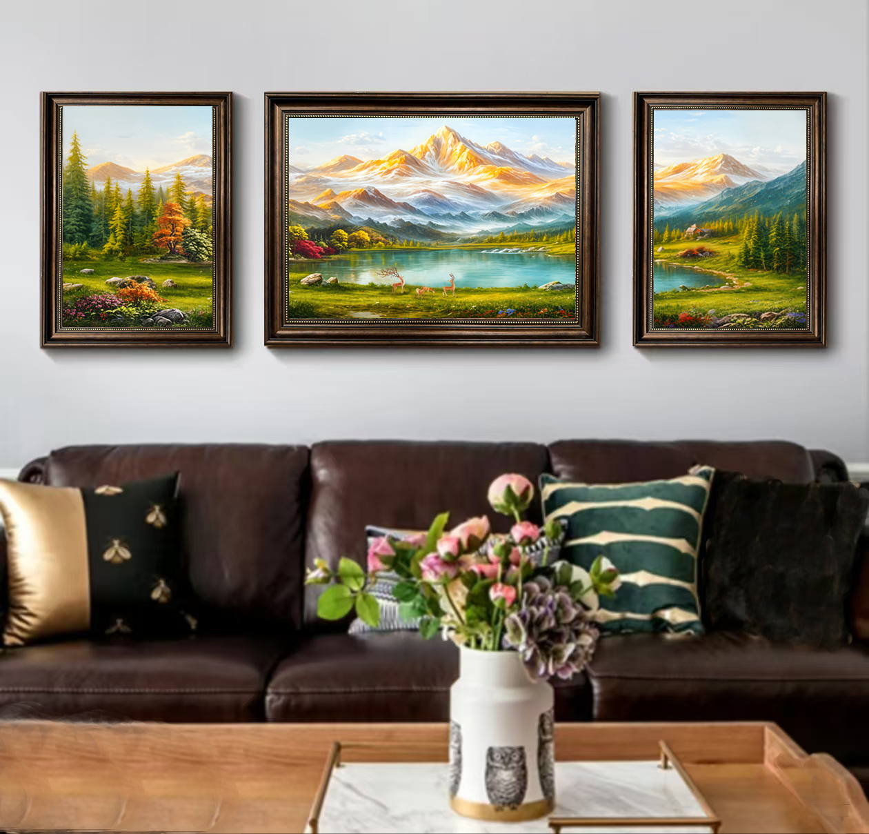 金山聚宝盆三联画美式复古山湖鎏金客厅沙发背景墙装饰画福禄挂画