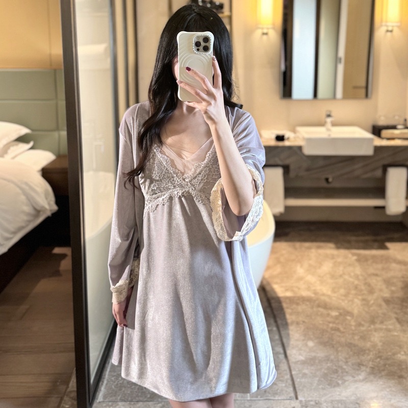 【私语】2025年秋冬新款蕾丝睡裙女网纱新款纯欲风睡衣金丝绒家居服