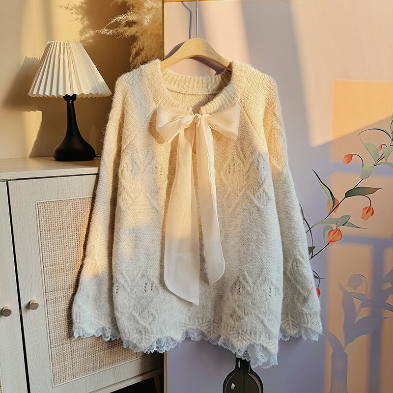 《2号链接》蝴蝶结厚款长袖针织毛针织衫冬季套头秋冬减龄外穿