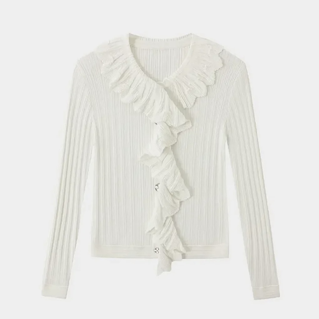 女毛针织衫秋季木耳女士修身毛织上衣短款长袖宽松型