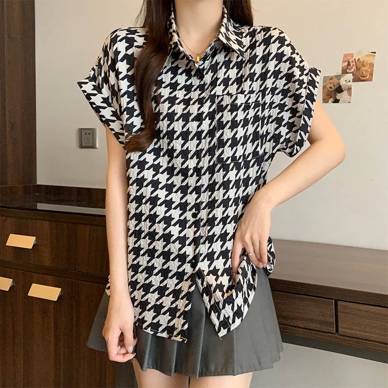 （女装）24539 港风复古千鸟格印花飞飞袖衬衫上衣