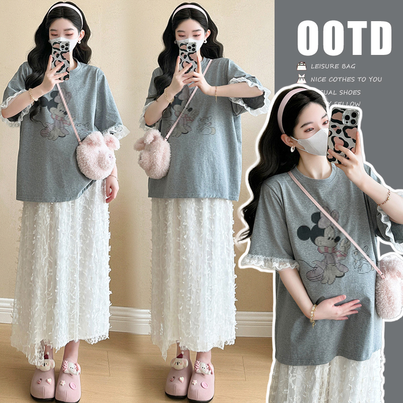 【kiki】孕妇套装2025夏款韩版时尚卡通T恤+半身蕾丝纱裙两件套夏季