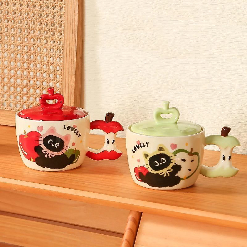 可爱猫咪苹果造型带盖陶瓷马克杯陶瓷杯送女生生日礼物家用
