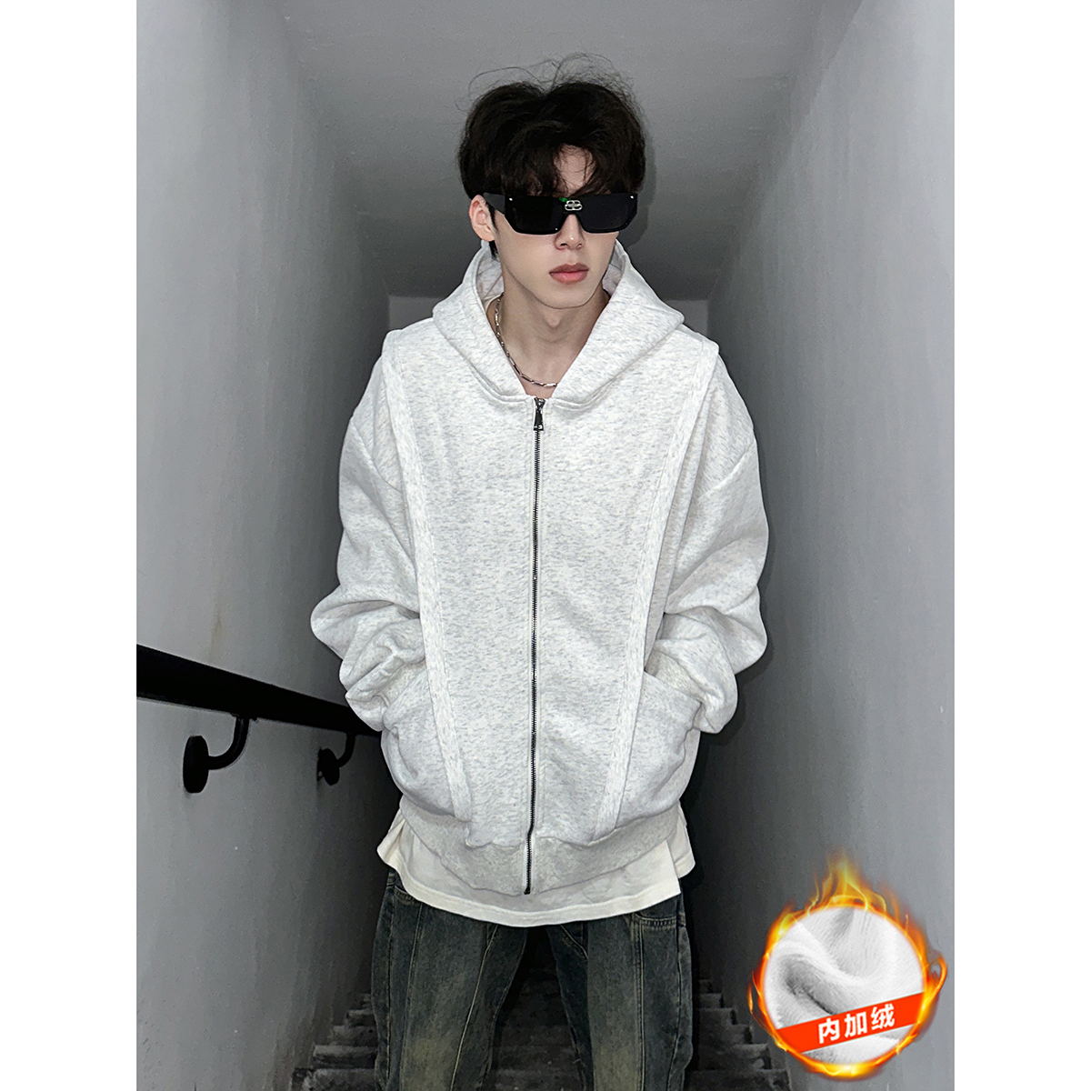 916-W85-特无差价 抖音得物品质 重磅银狐绒连帽加绒卫衣 暗黑