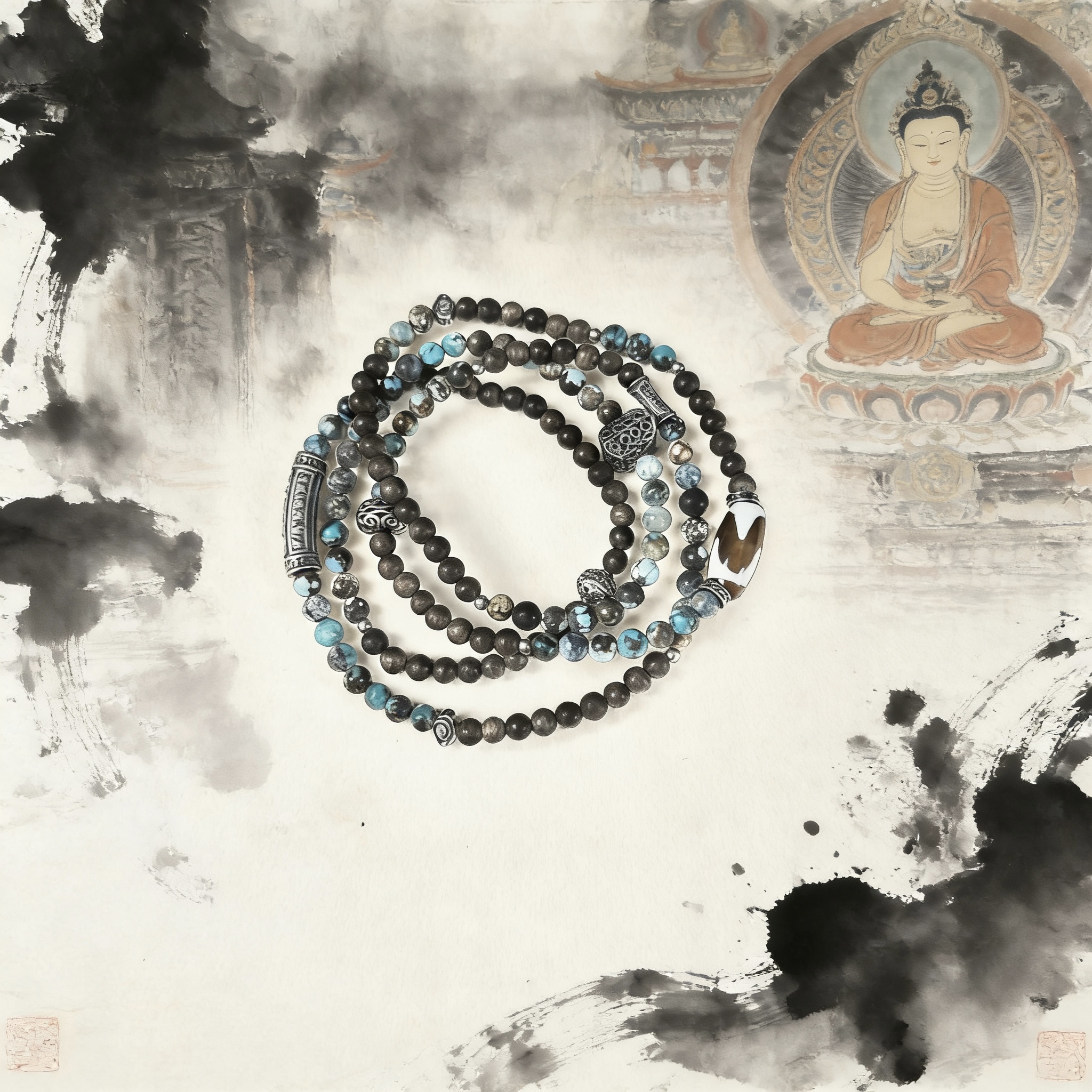 玛瑙松石沉香多圈 老钱风