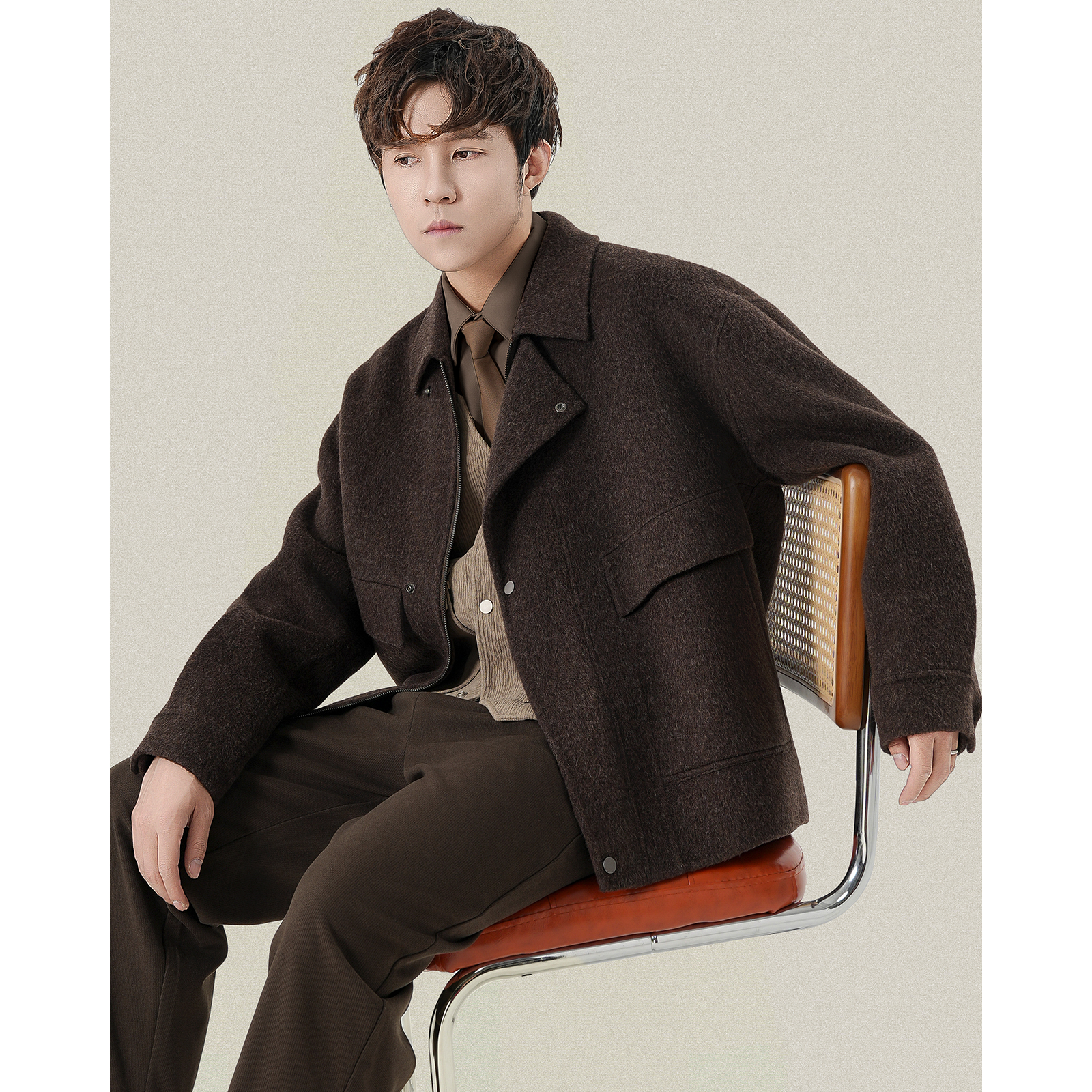 羊毛落肩宽松双面呢大衣短款呢子外套冬季男士潮流夹克上衣