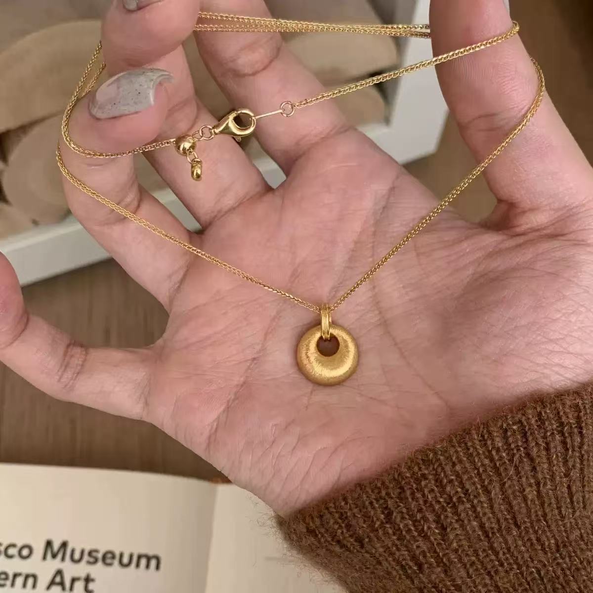 坠链均925银 中古布契拉提风拉丝金坨坨吊坠项链高级感ins风5073