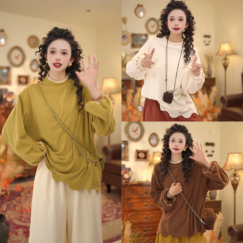 扣子家【萤火之光】复古港风秋冬厚款圆领打底衫刺绣T恤KO6347312