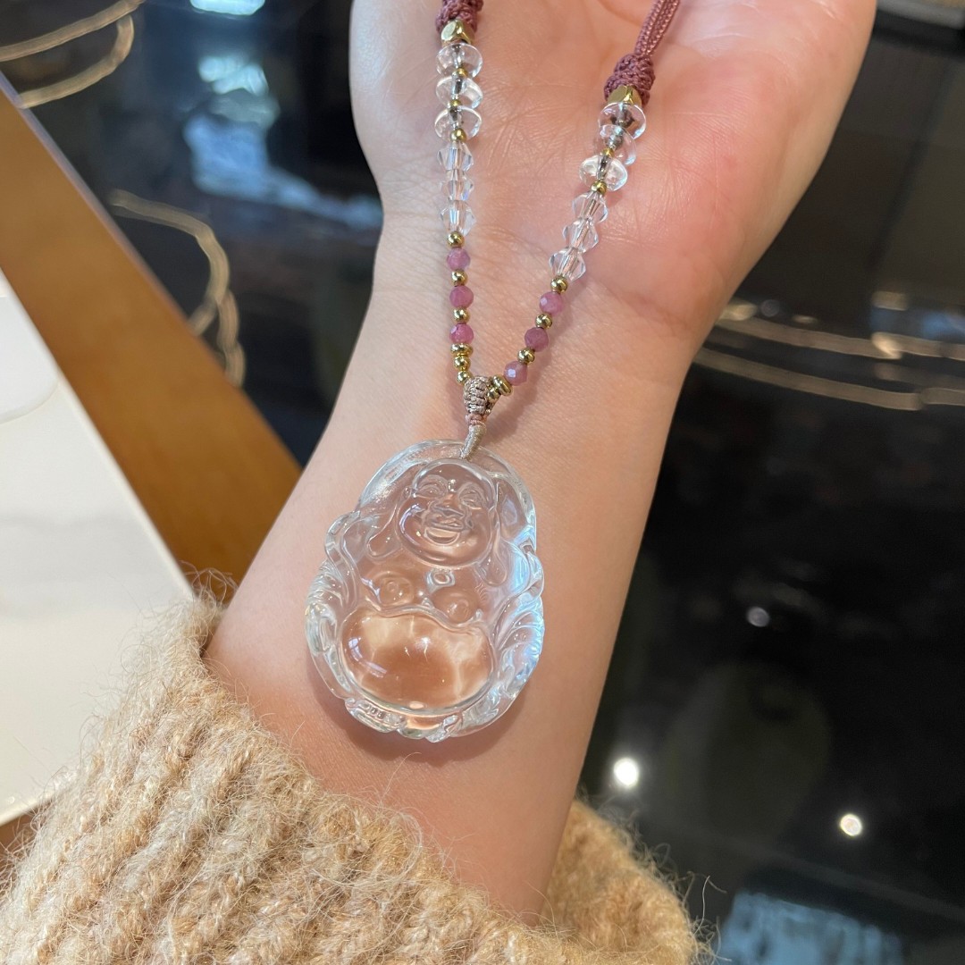 精雕笑佛手工雕刻天然全净体白水晶收藏级 配证书冰透高冰