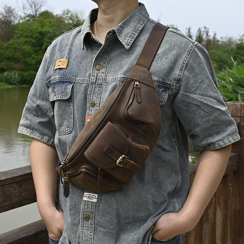 纯真牛皮头层植鞣牛皮腰包背包休闲男士包户外肩包真皮胸包斜挎包