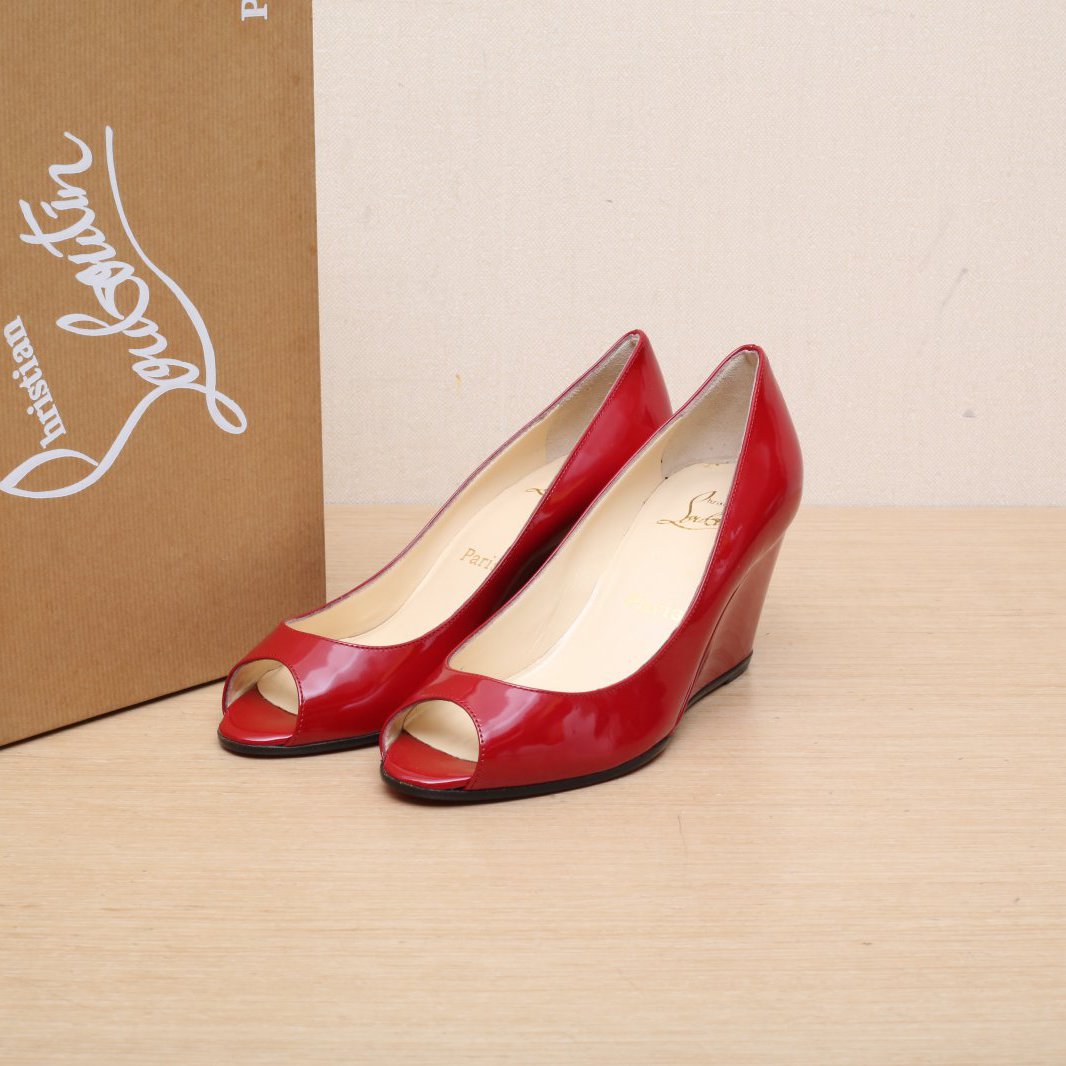 未使用 Christian Louboutin/克里斯提·鲁布托 小花6枫红色坡跟鞋