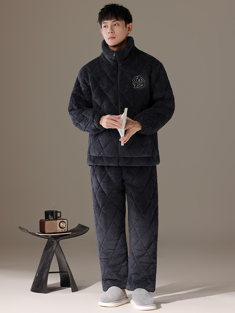 睡衣男三层夹棉睡衣保暖家居服情侣套装冬加厚男款
