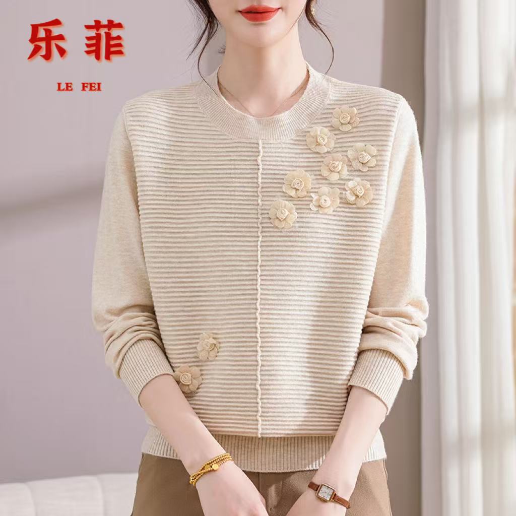 新款妈妈洋气减龄秋装针织长袖小衫中老年秋季时尚圆领提花上衣