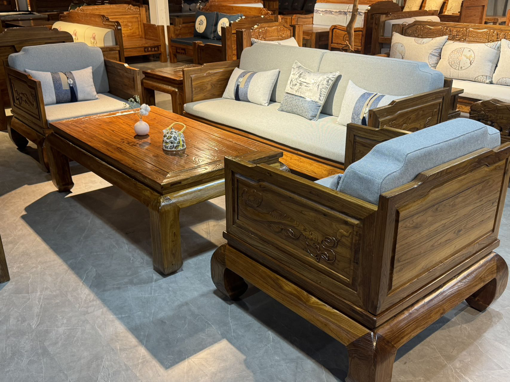 精工老榆木罗汉沙发手工拉丝工艺5件套