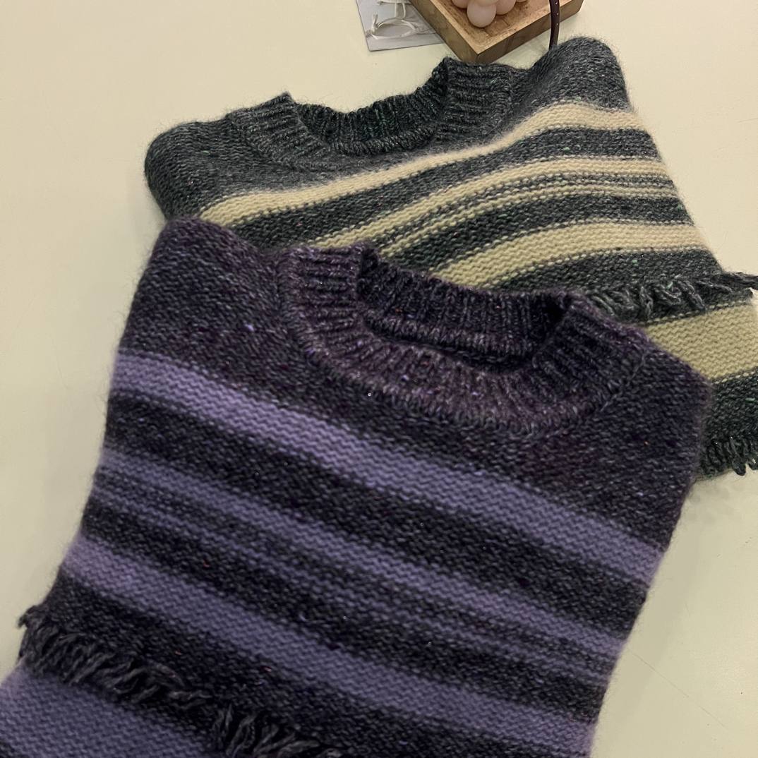 绒品 韩系流苏加厚条纹拼色圆领套头针织衫