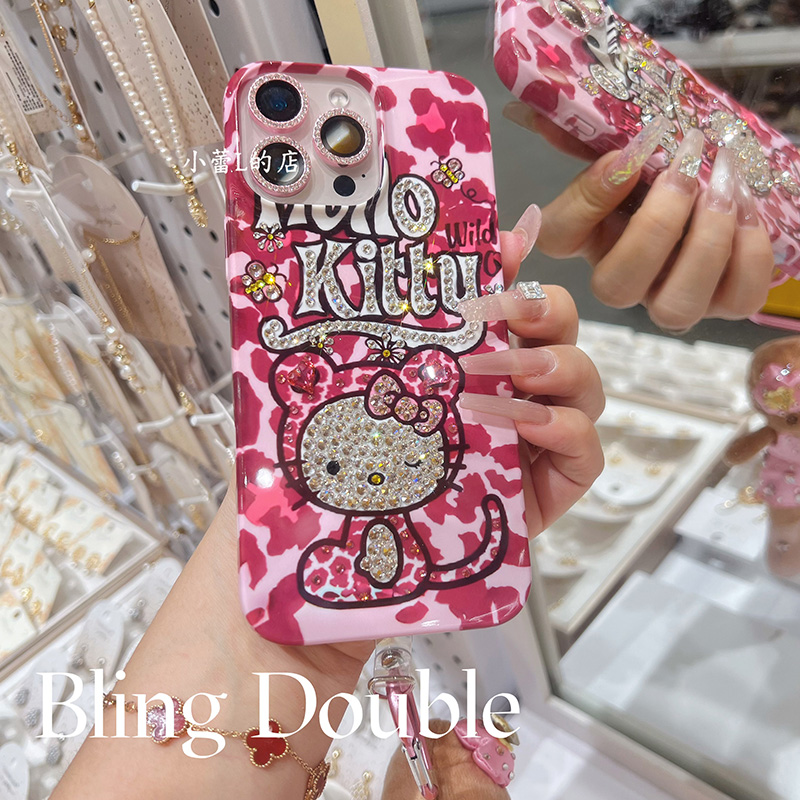 豹纹kitty猫适用苹果16promax华为mate少女15pro可爱14贴钻17卡通