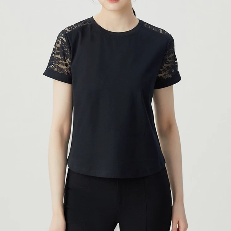 GIRDEAR哥弟夏季新款圆领蕾丝袖拼接棉质短袖T恤女1300946