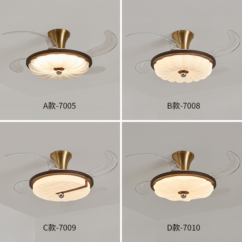 中古风扇灯餐厅卧室灯新中式实木胡桃木色隐形电扇一体中古风灯具