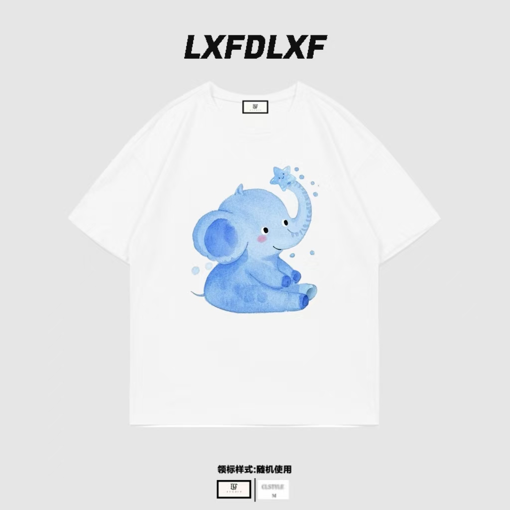 清「玩水小象」LXFDLXF 宽松版型 男女同款直喷工艺美式短袖t恤