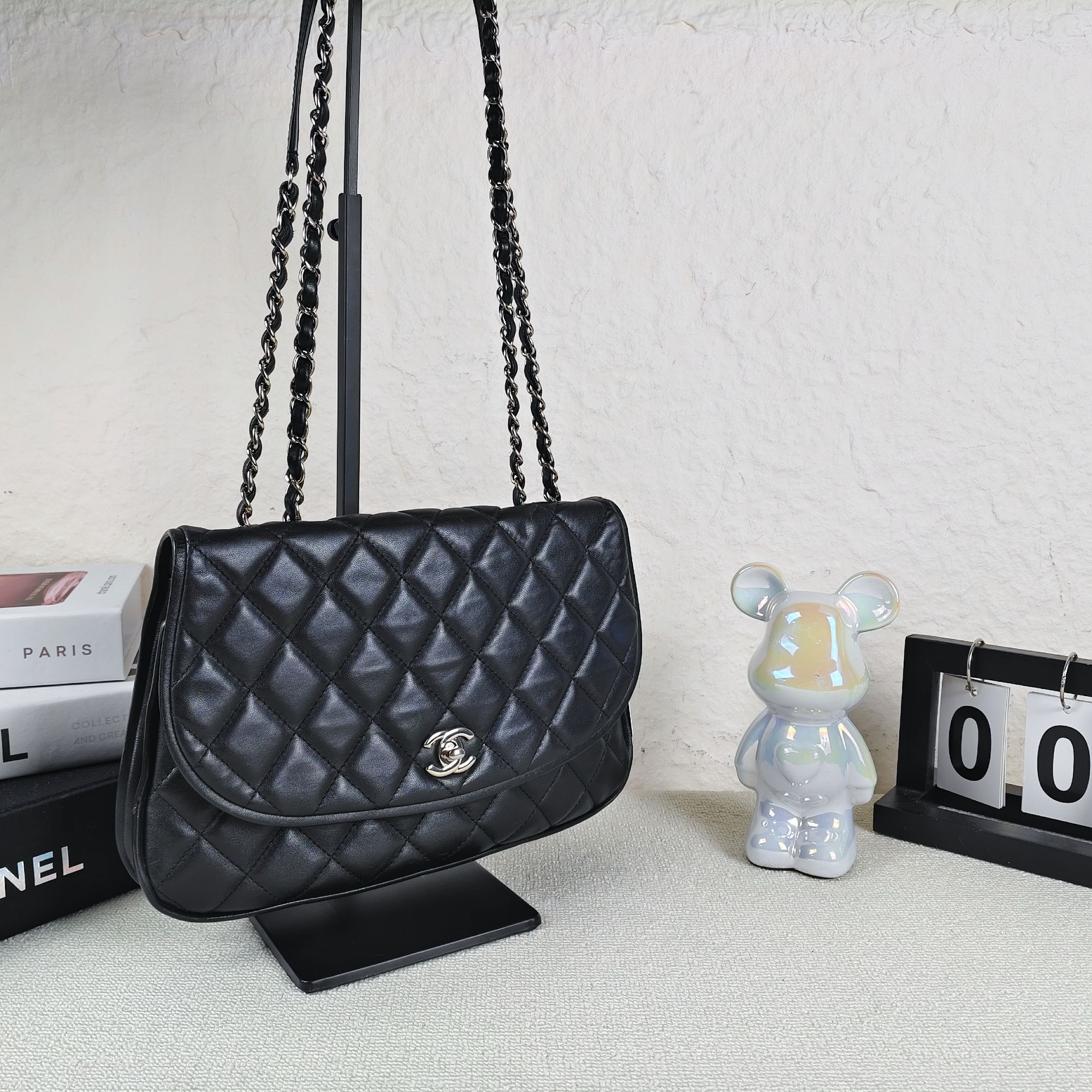 95新 Chanel/香奈儿 黑银翻盖小南瓜机场包 底长28 20开带卡
