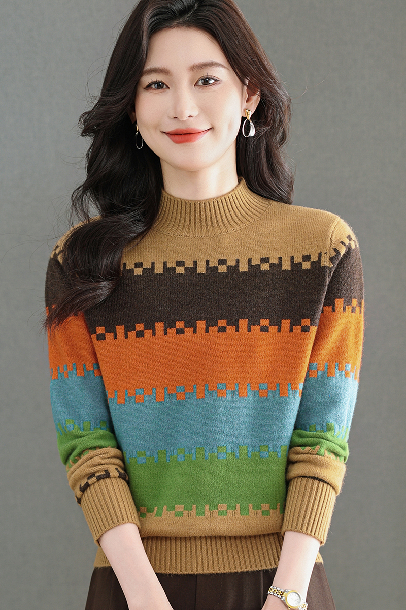 【羊毛衫】新款秋冬女士半高领厚款保暖针织条纹洋气显瘦打底