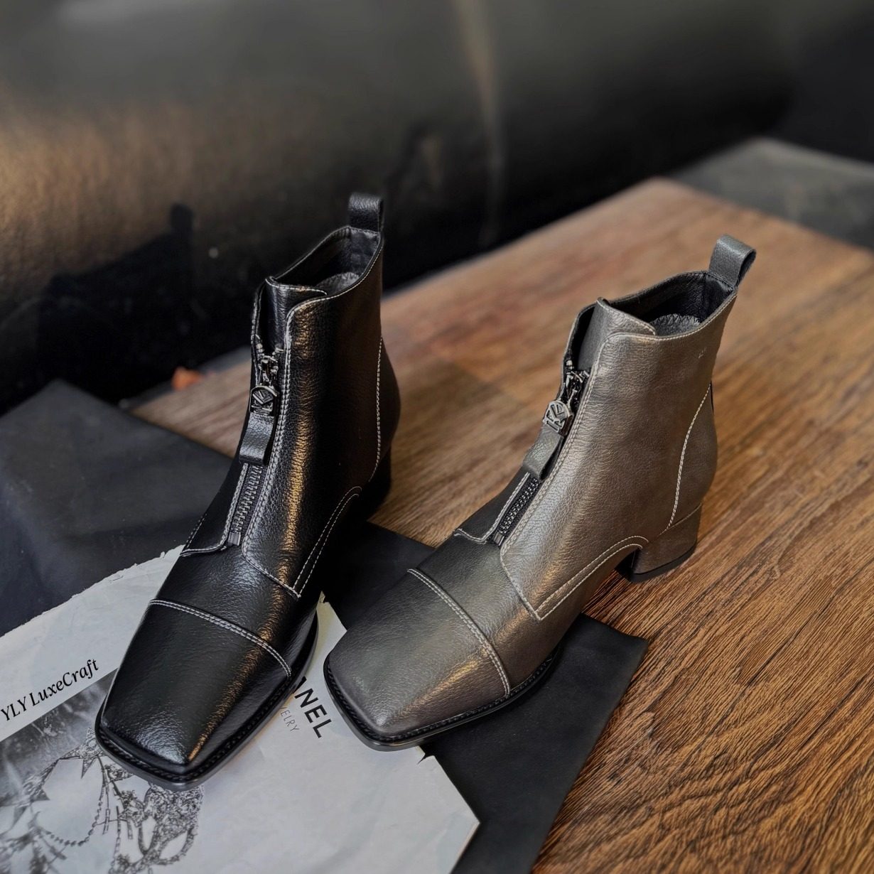 2075-13英伦复古风粗跟短靴女冬季新款加绒保暖方头时装靴大码