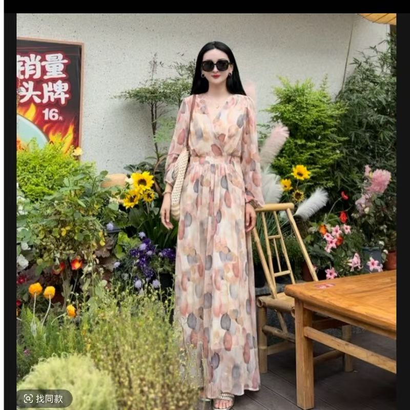 队队特价清~07款【泡泡花】粉色乔其纱连衣裙V领收腰显瘦气质长裙