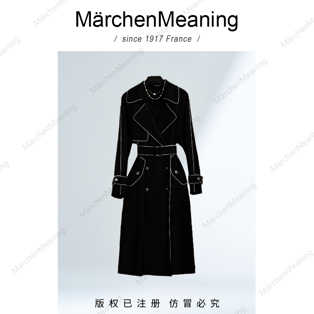 MärchenMeaning黑色高定设计师款优雅气质轻奢收腰长款风衣外套静