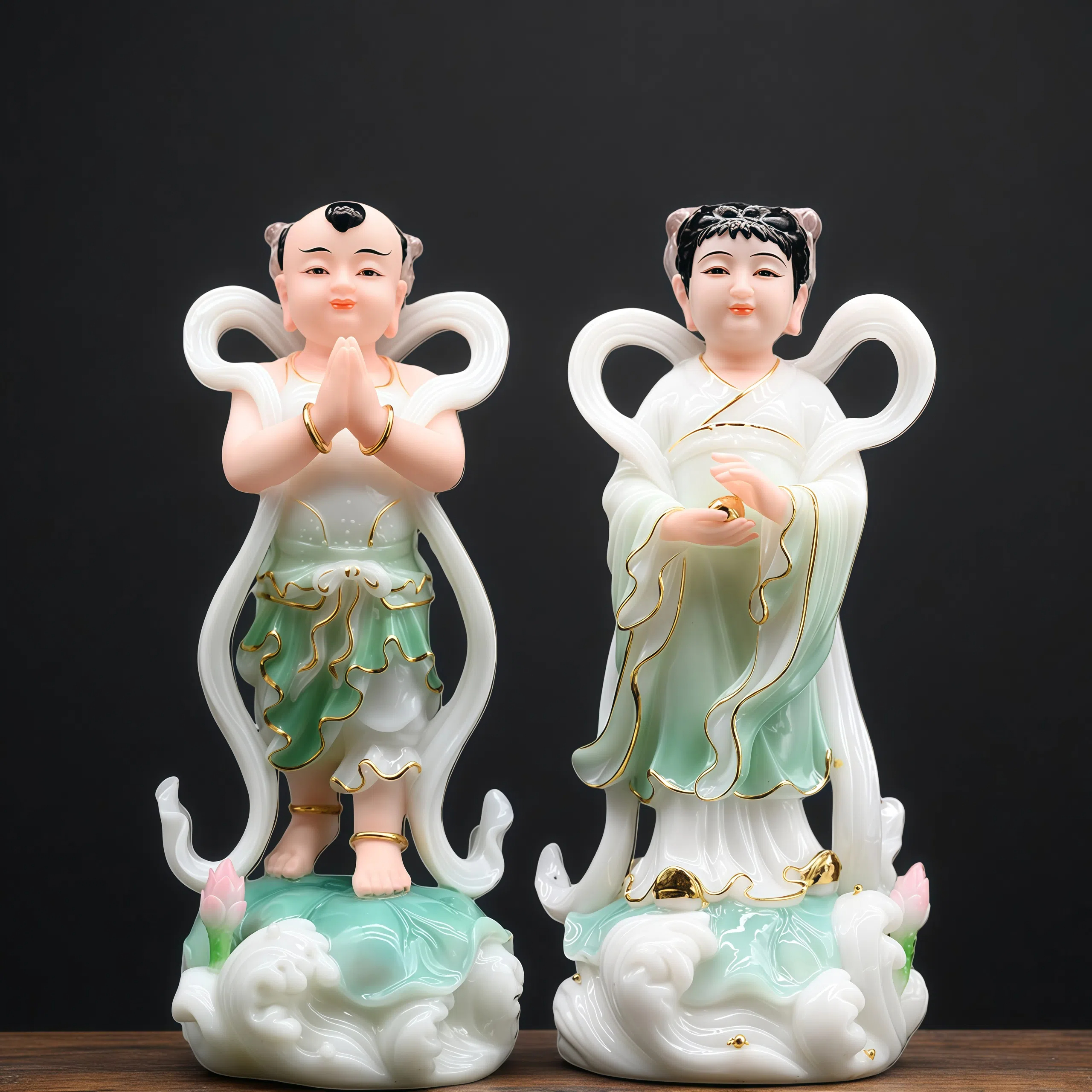 汉白玉善财金童玉女善财龙女童子居家人物摆件家用供奉摆件