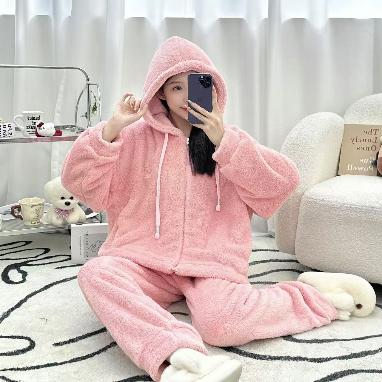 连帽粉色睡衣女款秋冬季雪花绒保暖加绒加厚款家居服可外穿