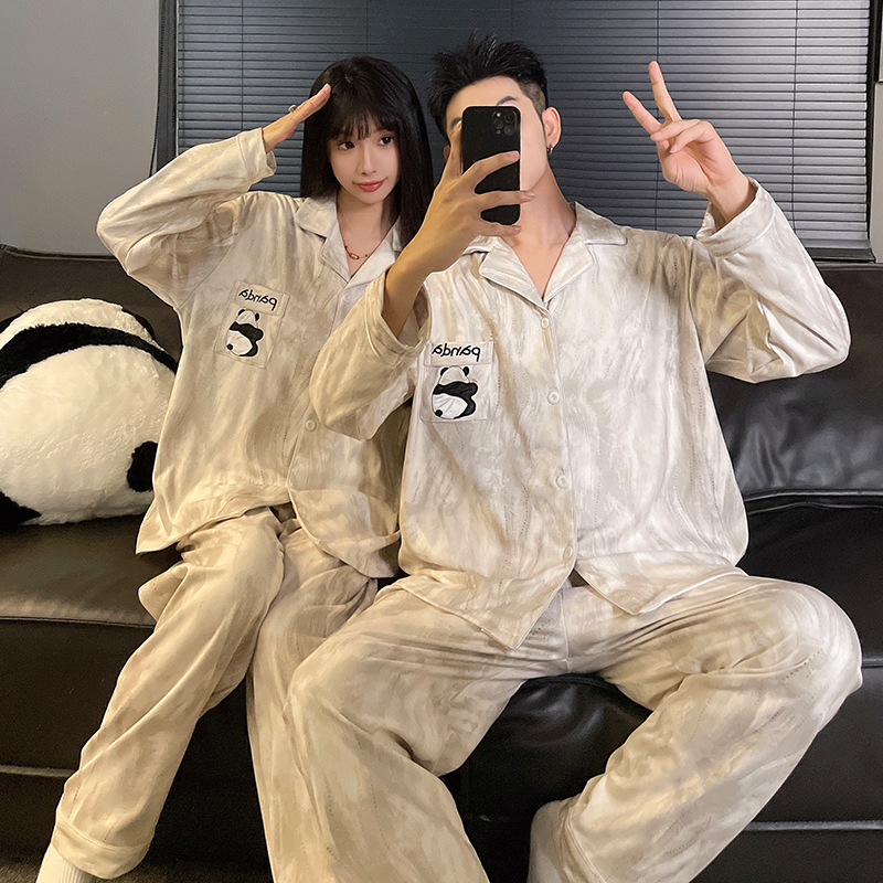 韩版卡通熊猫秋冬季德绒情侣开衫睡衣长袖长裤加厚保暖男女家居服