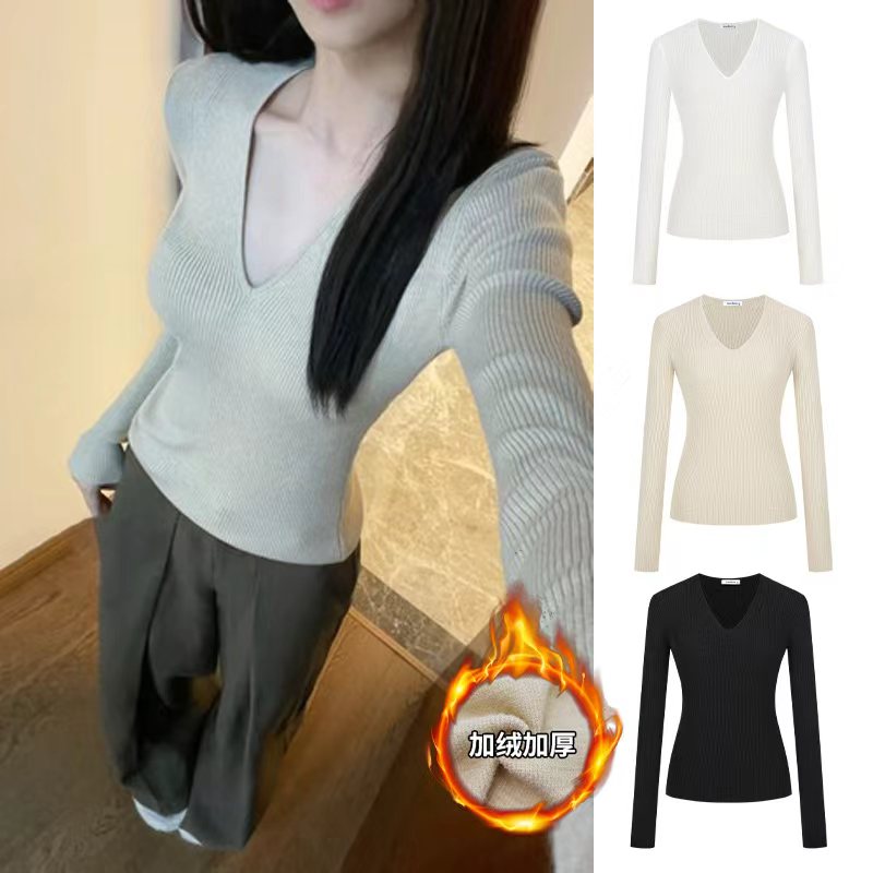 Moses Queen/魔西女王纤细感V领针织衫修身显瘦百搭气质长袖上衣