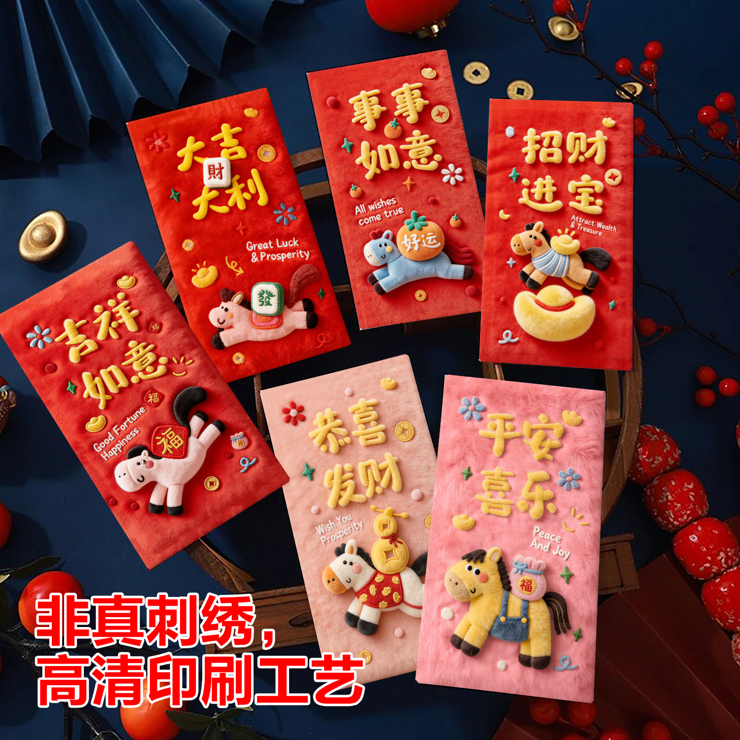 2026马年新款卡通萌马高清印花平面仿刺绣风格可爱春节红包利是