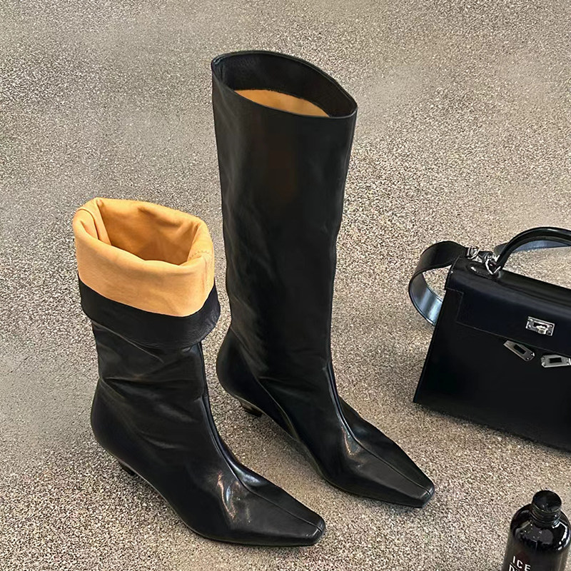 李大格 | 猫跟高筒靴冬季新款牛皮方头真皮长靴气质百搭女靴0763