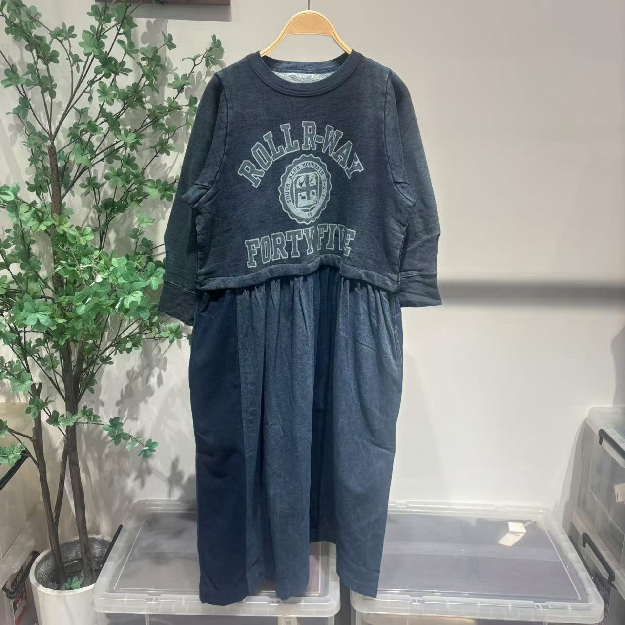 45拼接磨绒长袖连衣裙