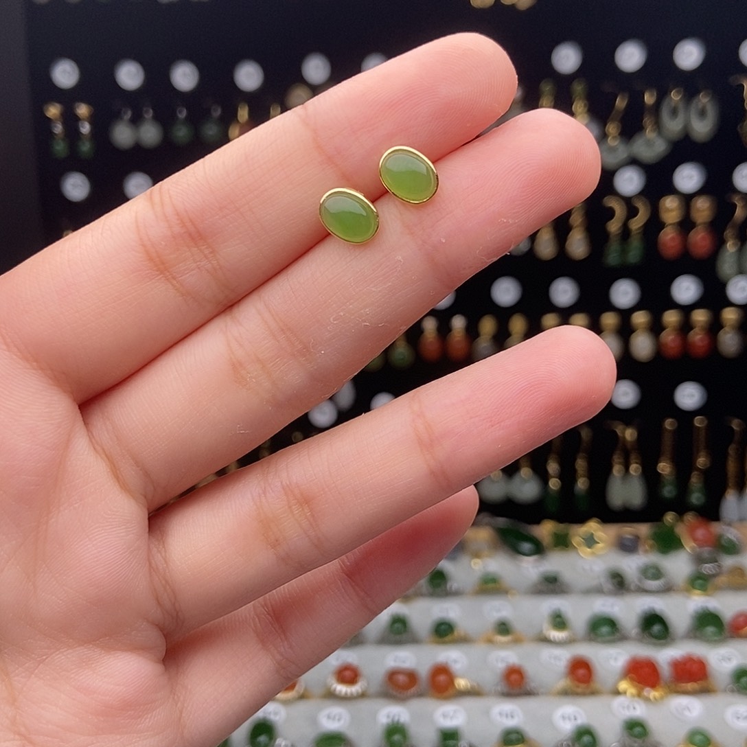 银S925镀金镶嵌和田玉耳饰