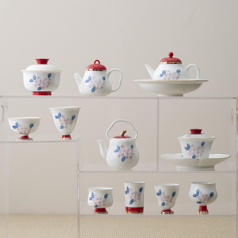 手绘绣球花茶杯釉下彩故宫红描金陶瓷主人杯盖碗茶壶轻奢品茗杯