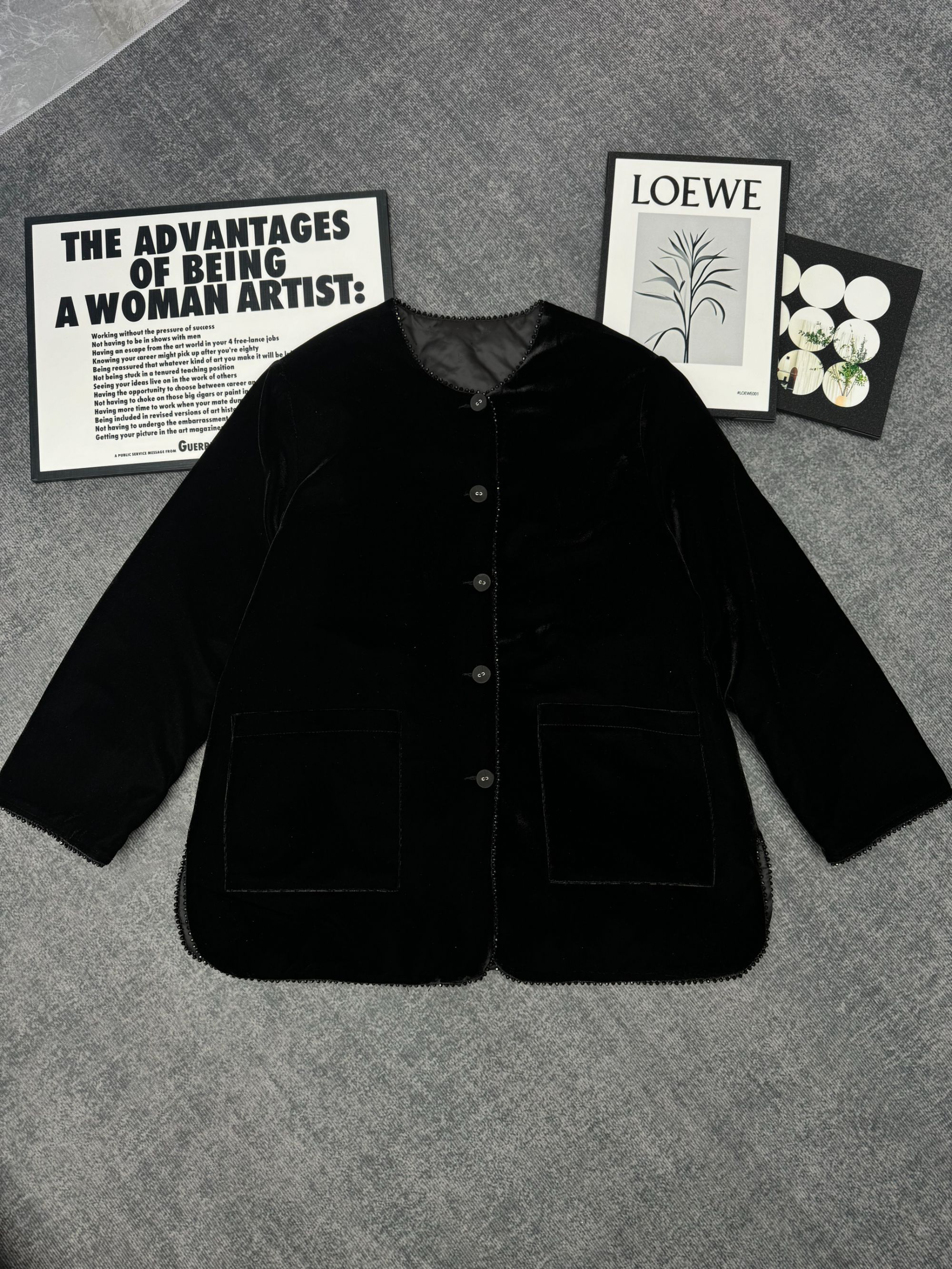 圆领丝绒中国码女黑色单排扣夹珠薄棉衣