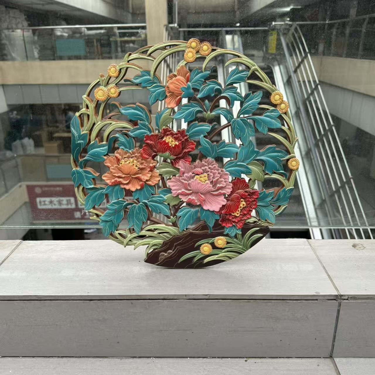 东阳木雕香樟木38cm福字手工彩绘圆形香樟木实木中式装修