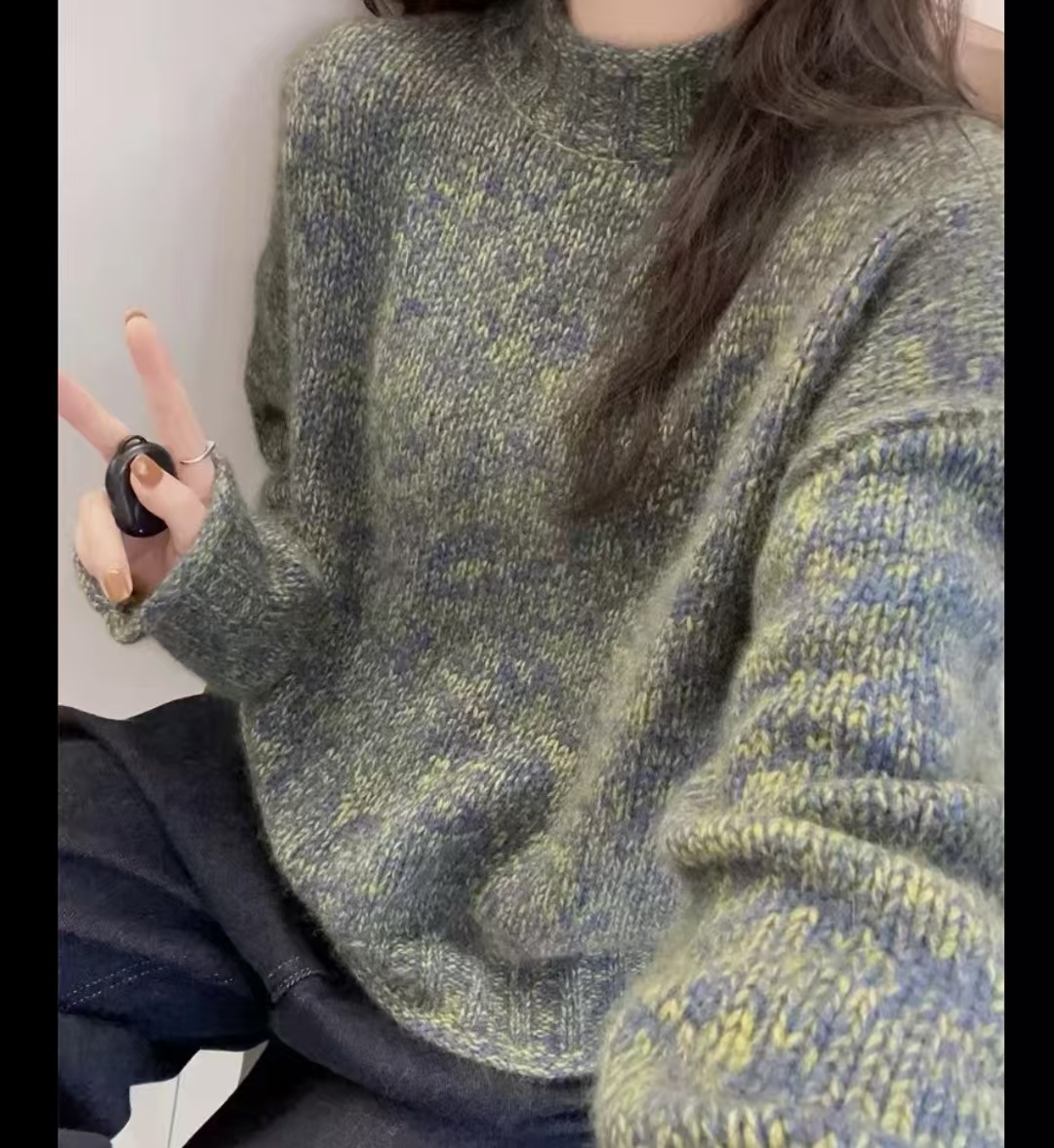 2025春款上新时尚休闲百搭长袖加厚ins花纱宽松女士针织衫T823