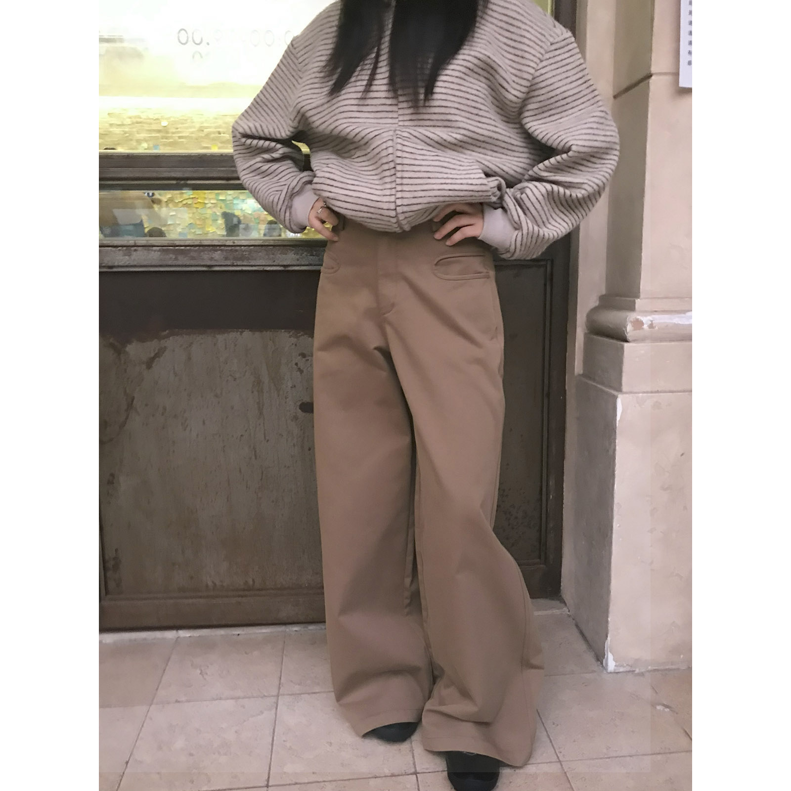 JYZSEASON.复古休闲裤设计感慵懒松弛压褶百搭宽松卡其直筒裤